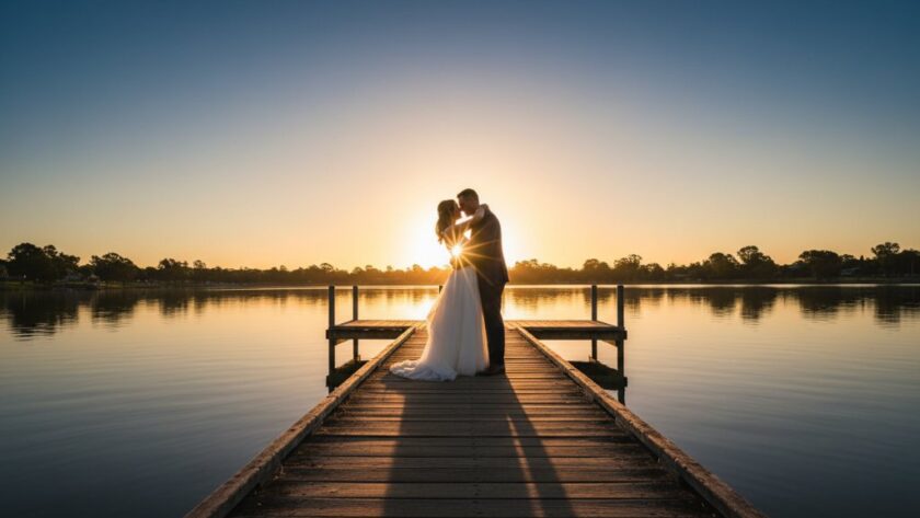 An epic moment captured in romantic Shepparton country wedding photography, showing a couple embracing under a dramatic sunset at Victoria Park Lake, with golden light reflecting on the water, highlighting their joy and the stunning natural backdrop.