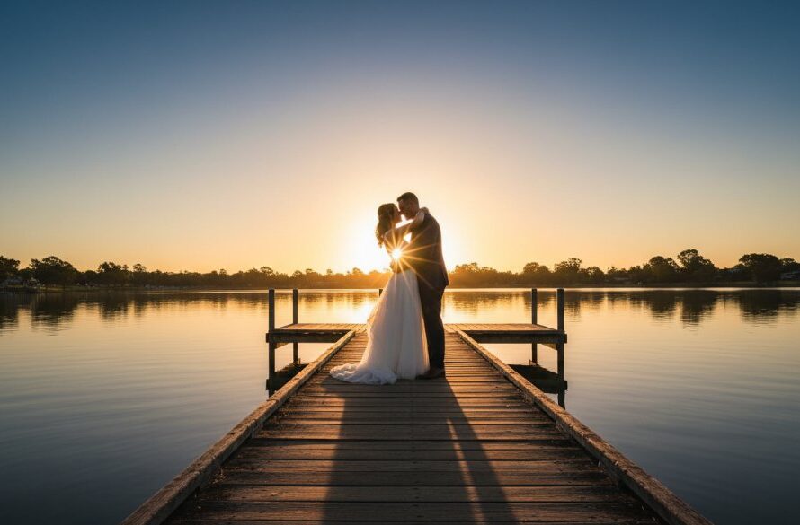 An epic moment captured in romantic Shepparton country wedding photography, showing a couple embracing under a dramatic sunset at Victoria Park Lake, with golden light reflecting on the water, highlighting their joy and the stunning natural backdrop.