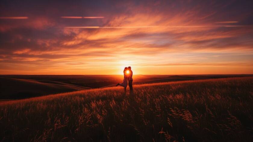 A couple shares a tender kiss at sunset on a dramatic, windswept hill in Skye, Victoria, their silhouettes framed against a vibrant sky, capturing a romantic Skye pre-wedding photography adventure moment with dramatic lighting and professional colour grading.