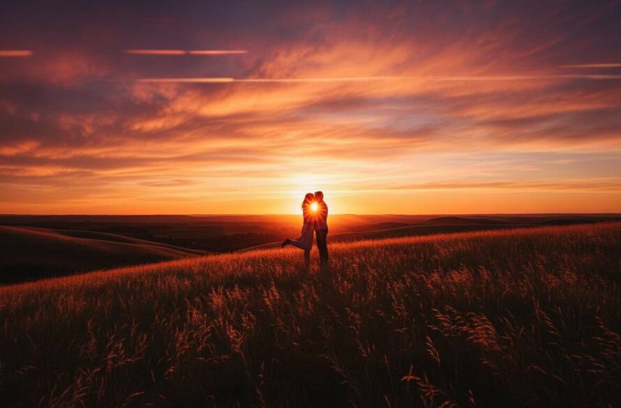 A couple shares a tender kiss at sunset on a dramatic, windswept hill in Skye, Victoria, their silhouettes framed against a vibrant sky, capturing a romantic Skye pre-wedding photography adventure moment with dramatic lighting and professional colour grading.