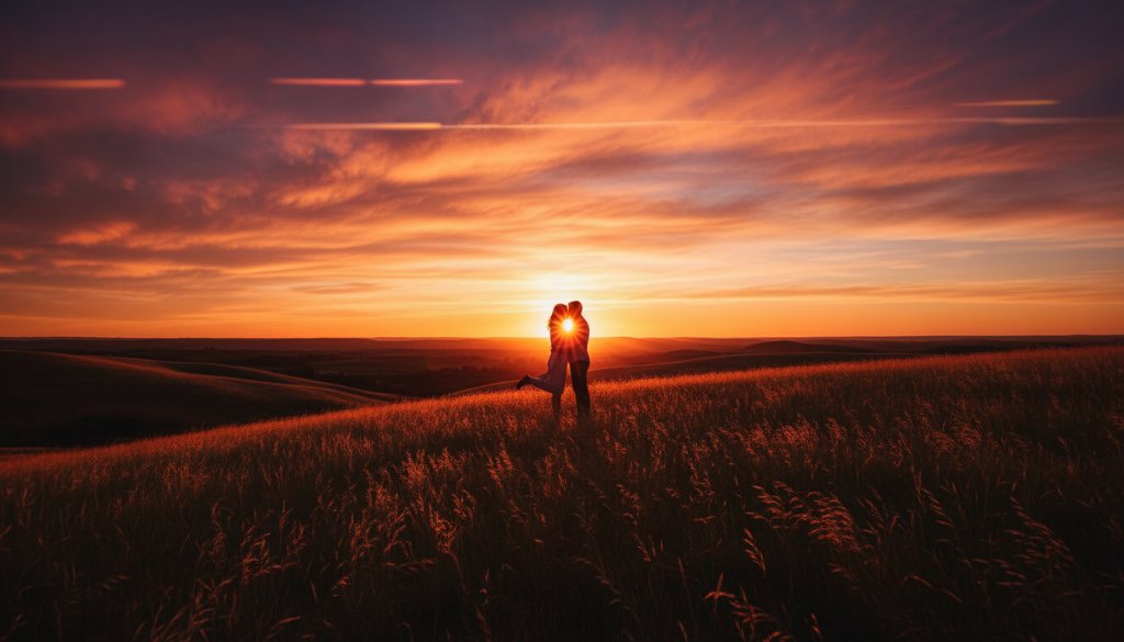 A couple shares a tender kiss at sunset on a dramatic, windswept hill in Skye, Victoria, their silhouettes framed against a vibrant sky, capturing a romantic Skye pre-wedding photography adventure moment with dramatic lighting and professional colour grading.