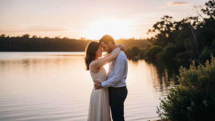 An epic moment captured during a Romantic Skye Victoria Engagement Photoshoot, featuring a couple embracing passionately at sunset by a shimmering lake, surrounded by native Australian bushland, with dramatic golden hour lighting and professional colour grading.