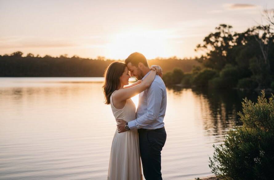 An epic moment captured during a Romantic Skye Victoria Engagement Photoshoot, featuring a couple embracing passionately at sunset by a shimmering lake, surrounded by native Australian bushland, with dramatic golden hour lighting and professional colour grading.