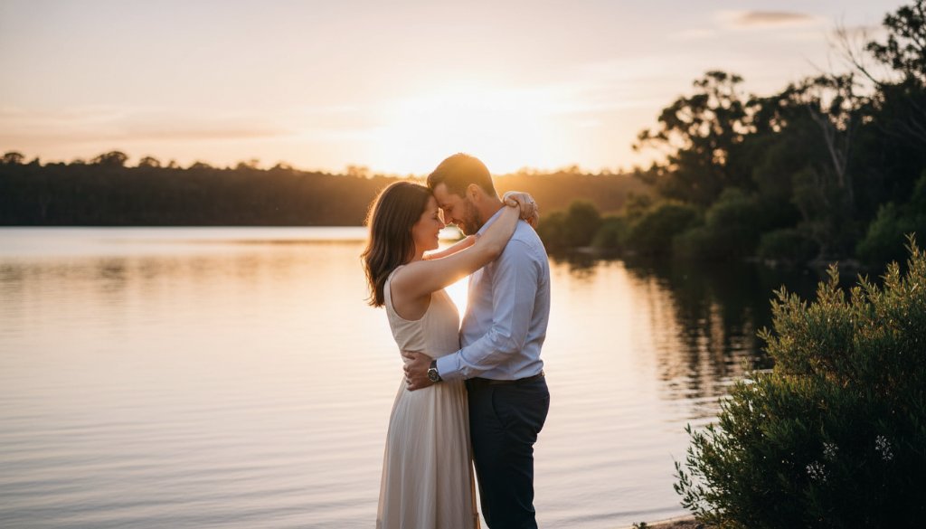 An epic moment captured during a Romantic Skye Victoria Engagement Photoshoot, featuring a couple embracing passionately at sunset by a shimmering lake, surrounded by native Australian bushland, with dramatic golden hour lighting and professional colour grading.