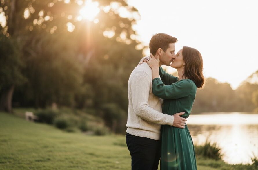 A couple shares a tender, cinematic kiss at sunset on the banks of the Barwon River in South Geelong, Victoria, captured during their romantic South Geelong pre-wedding photoshoot, showcasing dramatic light and professional colour grading.