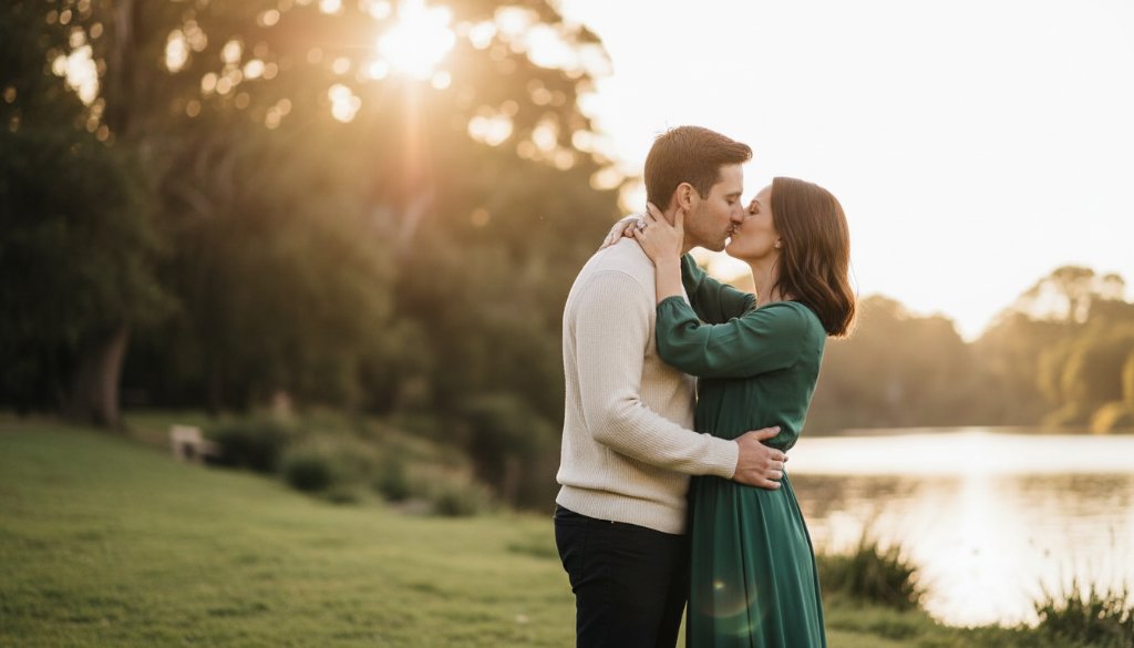 A couple shares a tender, cinematic kiss at sunset on the banks of the Barwon River in South Geelong, Victoria, captured during their romantic South Geelong pre-wedding photoshoot, showcasing dramatic light and professional colour grading.