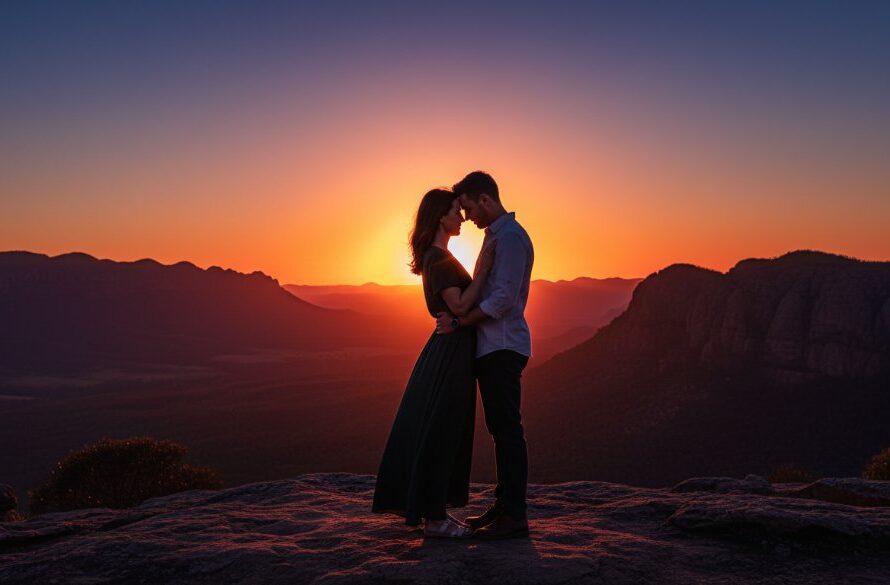A couple shares a romantic embrace at sunset in the Grampians National Park near Stawell, bathed in golden light, an epic moment captured for their romantic Stawell engagement photography adventures.