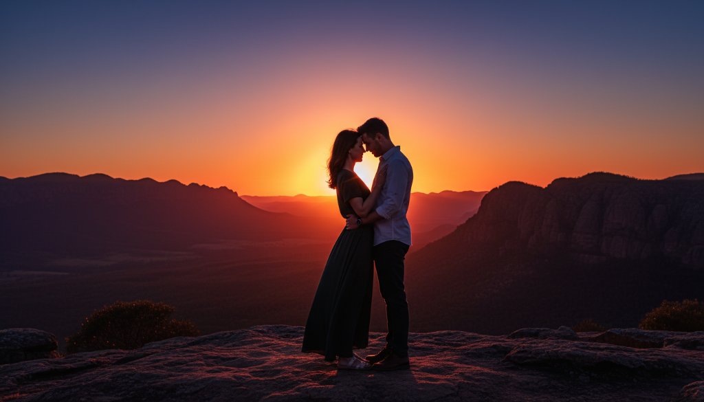 A couple shares a romantic embrace at sunset in the Grampians National Park near Stawell, bathed in golden light, an epic moment captured for their romantic Stawell engagement photography adventures.