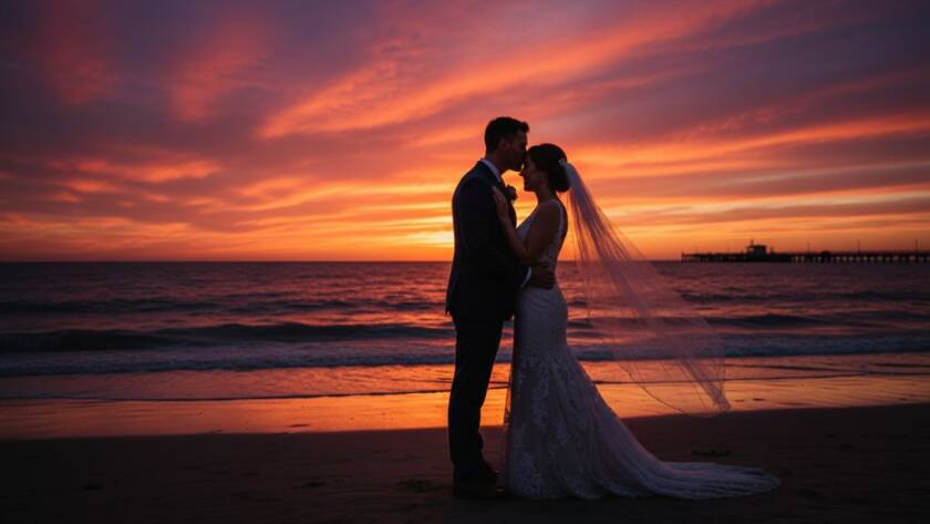 A newlywed couple shares a tender kiss against a dramatic, colour-rich sunset over the Parkdale foreshore, showcasing Romantic Sunset Wedding Photography Parkdale Foreshore Victoria in an epic, professionally graded shot.