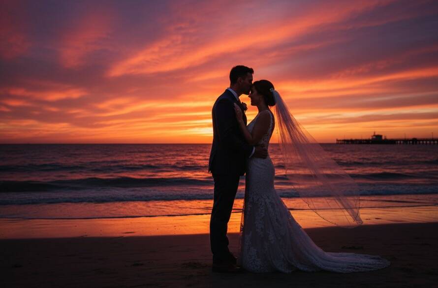A newlywed couple shares a tender kiss against a dramatic, colour-rich sunset over the Parkdale foreshore, showcasing Romantic Sunset Wedding Photography Parkdale Foreshore Victoria in an epic, professionally graded shot.