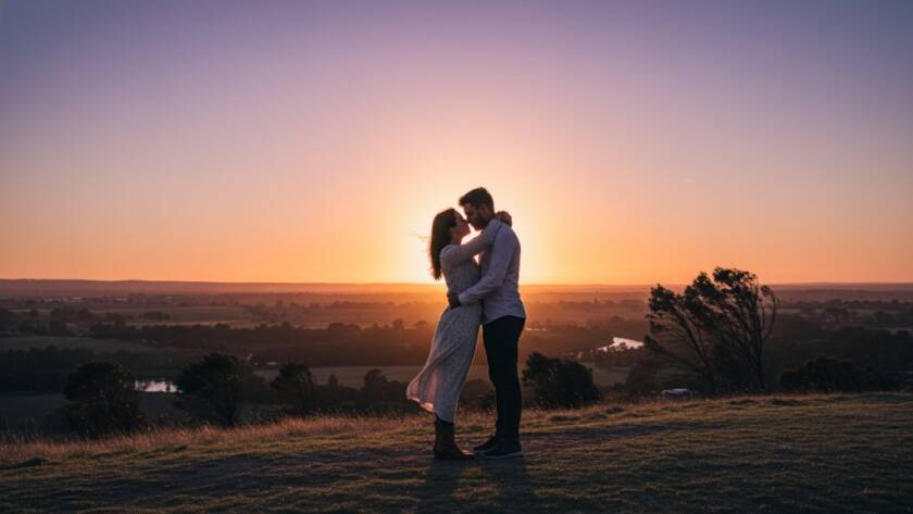 A dramatic and romantic Sunshine North pre-wedding photoshoot Victoria, featuring a couple embracing under a golden hour sky at Brimbank Park, professional cinematic photography with warm hues.