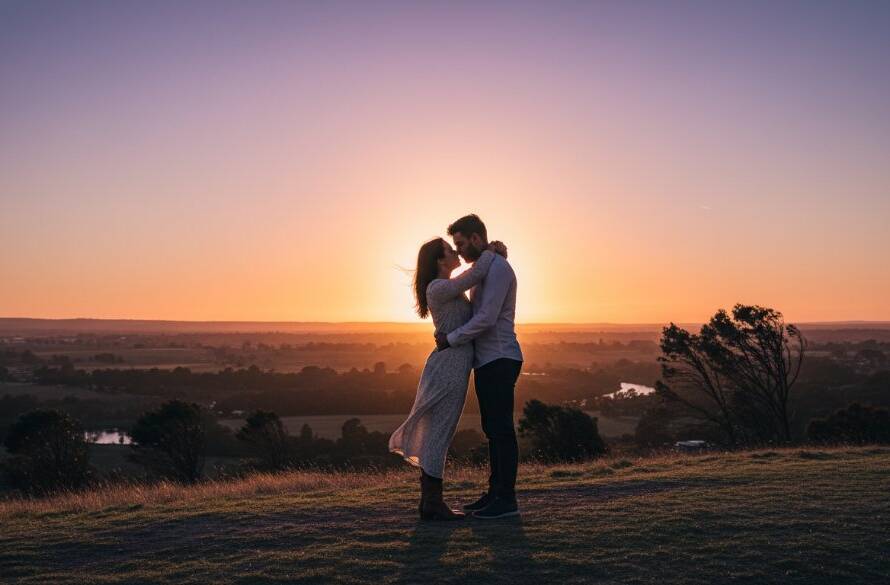 A dramatic and romantic Sunshine North pre-wedding photoshoot Victoria, featuring a couple embracing under a golden hour sky at Brimbank Park, professional cinematic photography with warm hues.