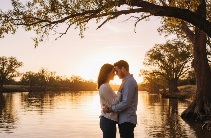 An epic moment of a couple embracing passionately at sunset on the banks of the Murray River, capturing romantic Swan Hill engagement photos Murray River with dramatic golden light.