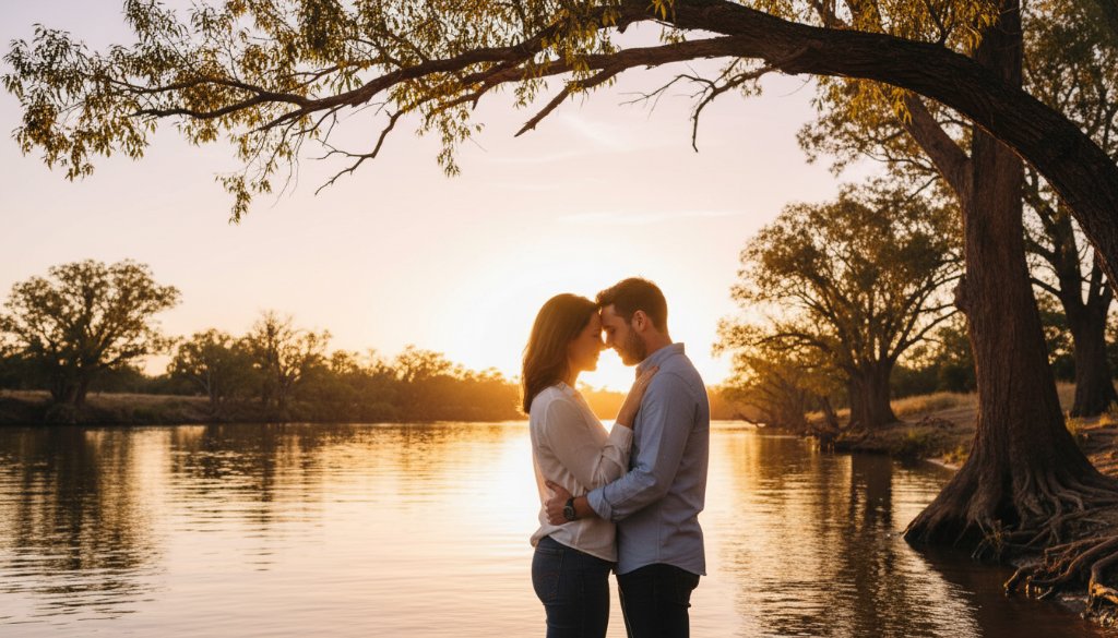 An epic moment of a couple embracing passionately at sunset on the banks of the Murray River, capturing romantic Swan Hill engagement photos Murray River with dramatic golden light.