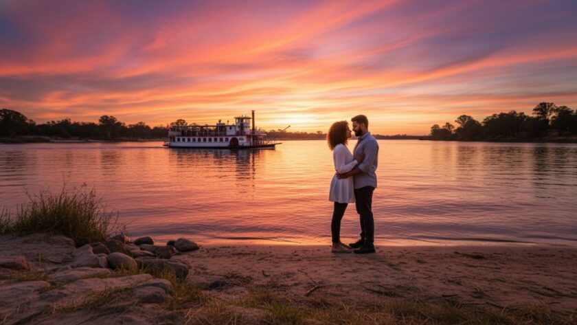 An epic wide-angle shot capturing a couple's romantic Swan Hill pre-wedding photoshoot experiences at sunset, embracing on the iconic Murray River bank with a paddle steamer in the background, dramatic golden hour light, and a vibrant Mallee sky.