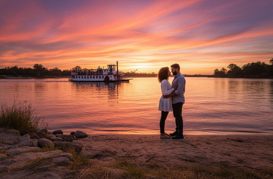 An epic wide-angle shot capturing a couple's romantic Swan Hill pre-wedding photoshoot experiences at sunset, embracing on the iconic Murray River bank with a paddle steamer in the background, dramatic golden hour light, and a vibrant Mallee sky.