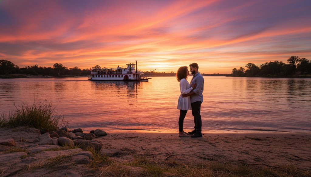 An epic wide-angle shot capturing a couple's romantic Swan Hill pre-wedding photoshoot experiences at sunset, embracing on the iconic Murray River bank with a paddle steamer in the background, dramatic golden hour light, and a vibrant Mallee sky.
