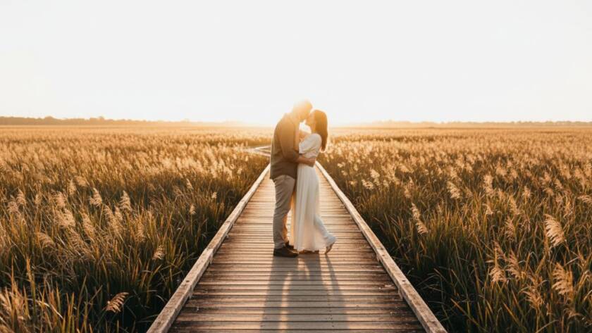A stunning wide shot capturing a couple embracing at sunset amidst the golden reeds of a Tarneit wetland, showcasing romantic Tarneit pre-wedding photoshoot locations with dramatic backlighting and a warm, dreamy glow, perfect for their engagement story.