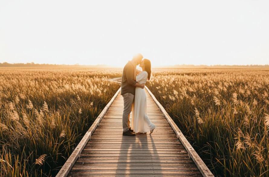 A stunning wide shot capturing a couple embracing at sunset amidst the golden reeds of a Tarneit wetland, showcasing romantic Tarneit pre-wedding photoshoot locations with dramatic backlighting and a warm, dreamy glow, perfect for their engagement story.