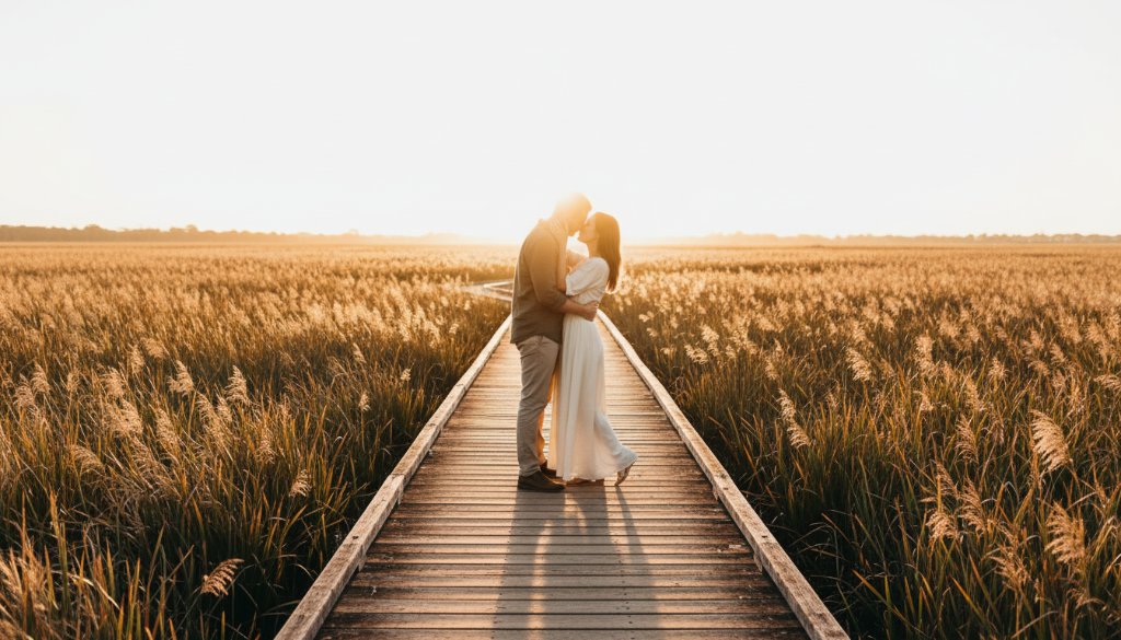 A stunning wide shot capturing a couple embracing at sunset amidst the golden reeds of a Tarneit wetland, showcasing romantic Tarneit pre-wedding photoshoot locations with dramatic backlighting and a warm, dreamy glow, perfect for their engagement story.