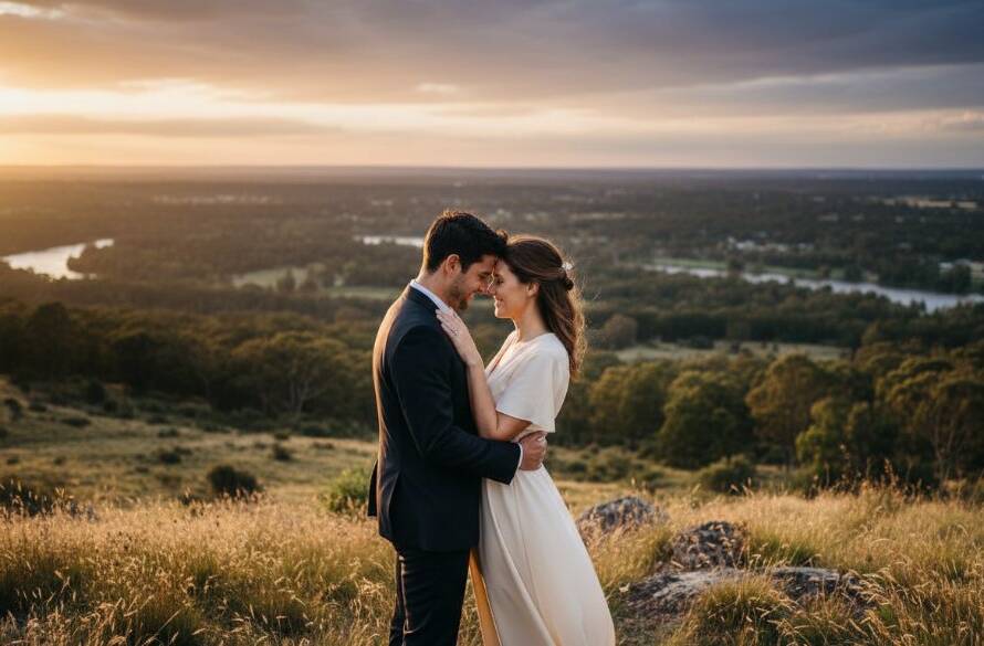 An epic moment of a couple sharing a tender embrace on a hill overlooking Templestowe at golden hour, with the lush Yarra Valley landscape in the background, captured during their romantic Templestowe engagement photoshoot, showcasing profound connection and the beautiful Australian natural light.