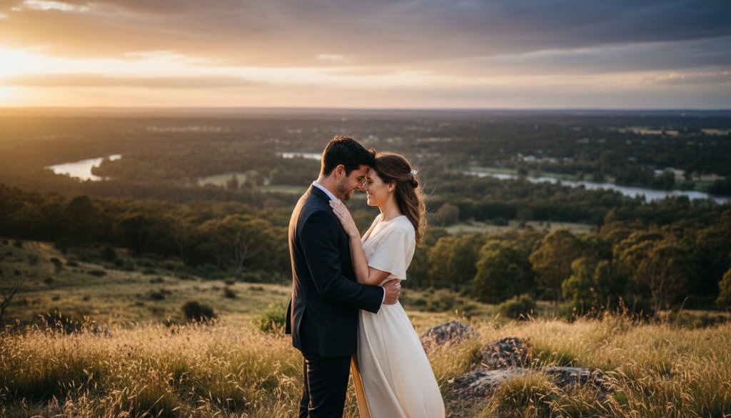 An epic moment of a couple sharing a tender embrace on a hill overlooking Templestowe at golden hour, with the lush Yarra Valley landscape in the background, captured during their romantic Templestowe engagement photoshoot, showcasing profound connection and the beautiful Australian natural light.