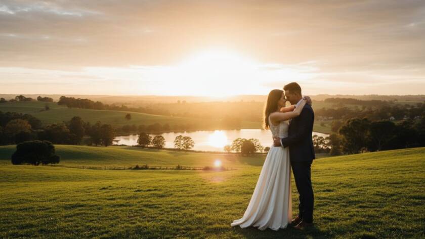 An epic, dramatically lit photograph capturing a couple sharing a romantic embrace amidst the golden hour glow of a Templestowe park, embodying the beauty of Romantic Templestowe Pre-Wedding Photography Victoria.