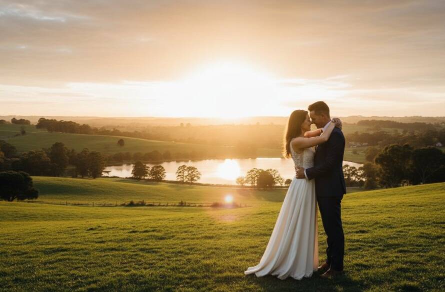 An epic, dramatically lit photograph capturing a couple sharing a romantic embrace amidst the golden hour glow of a Templestowe park, embodying the beauty of Romantic Templestowe Pre-Wedding Photography Victoria.