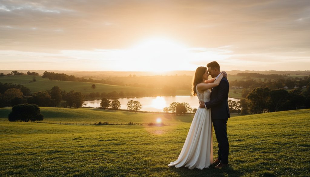 An epic, dramatically lit photograph capturing a couple sharing a romantic embrace amidst the golden hour glow of a Templestowe park, embodying the beauty of Romantic Templestowe Pre-Wedding Photography Victoria.