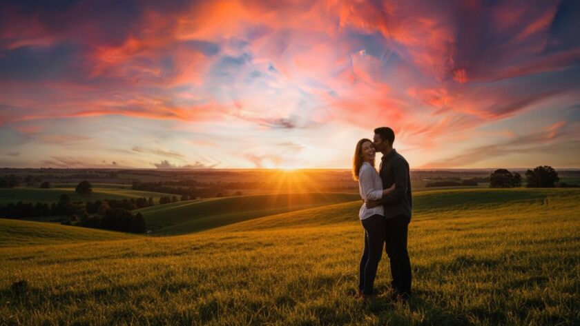 A couple embracing passionately at sunset in a lush Traralgon park, showcasing romantic Traralgon engagement photos Victoria with dramatic, golden hour lighting and a wide, cinematic shot.