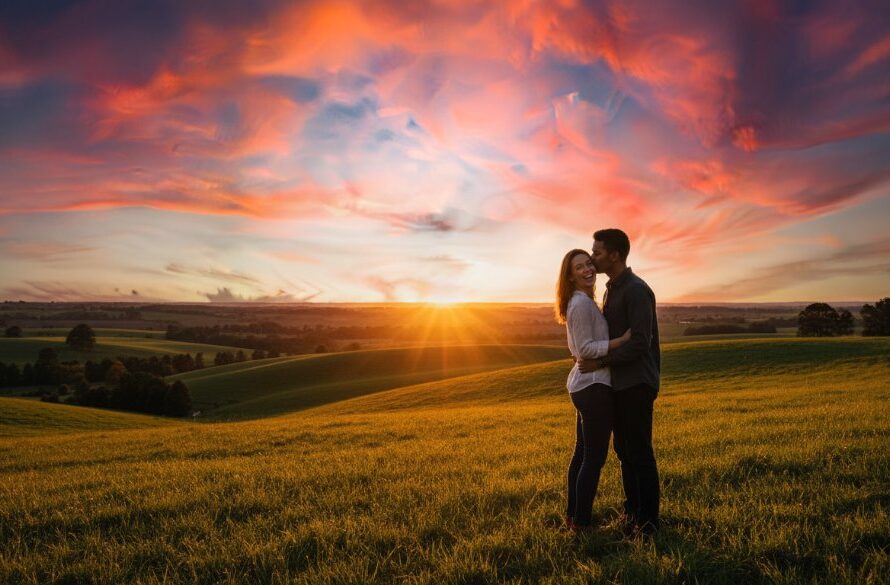 A couple embracing passionately at sunset in a lush Traralgon park, showcasing romantic Traralgon engagement photos Victoria with dramatic, golden hour lighting and a wide, cinematic shot.