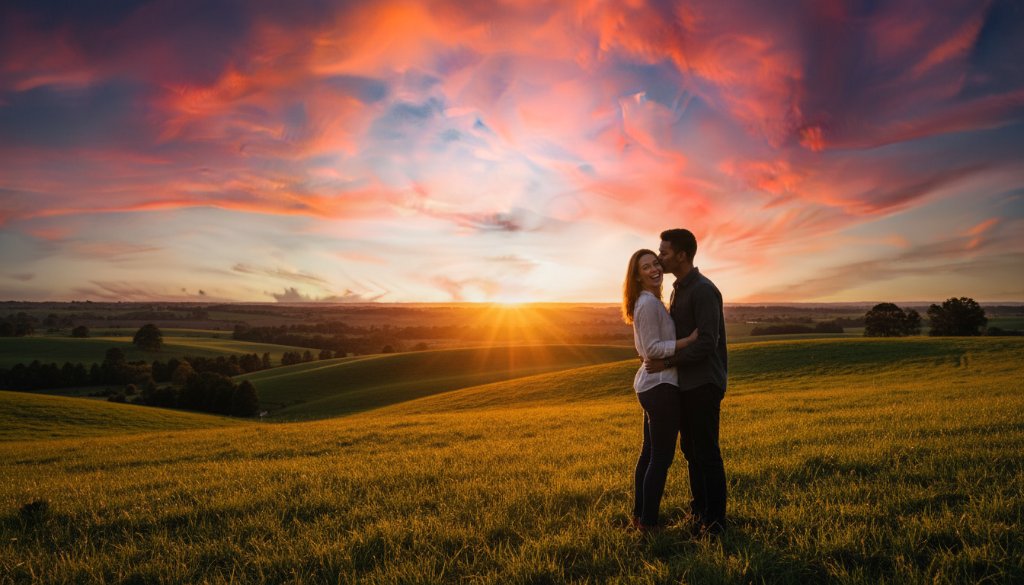 A couple embracing passionately at sunset in a lush Traralgon park, showcasing romantic Traralgon engagement photos Victoria with dramatic, golden hour lighting and a wide, cinematic shot.