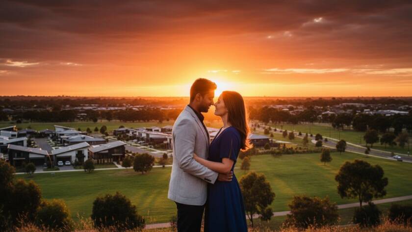 An epic, cinematic photograph capturing romantic Truganina engagement photoshoot memories, showing a couple embracing passionately at sunset in a scenic Truganina park with dramatic golden hour lighting and professional colour grading.