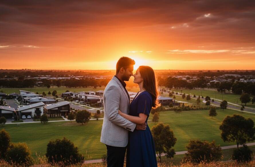 An epic, cinematic photograph capturing romantic Truganina engagement photoshoot memories, showing a couple embracing passionately at sunset in a scenic Truganina park with dramatic golden hour lighting and professional colour grading.