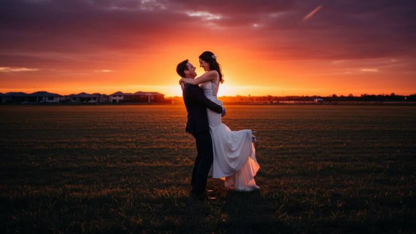 A newlywed couple shares a tender kiss bathed in golden hour light, with the sweeping plains of Truganina in the background, captured in romantic Truganina wedding photography style.