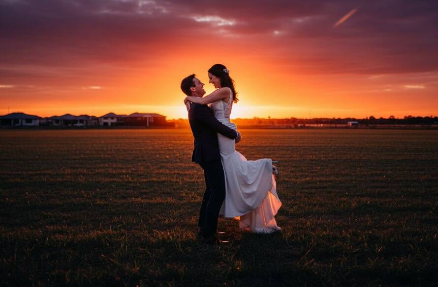 A newlywed couple shares a tender kiss bathed in golden hour light, with the sweeping plains of Truganina in the background, captured in romantic Truganina wedding photography style.