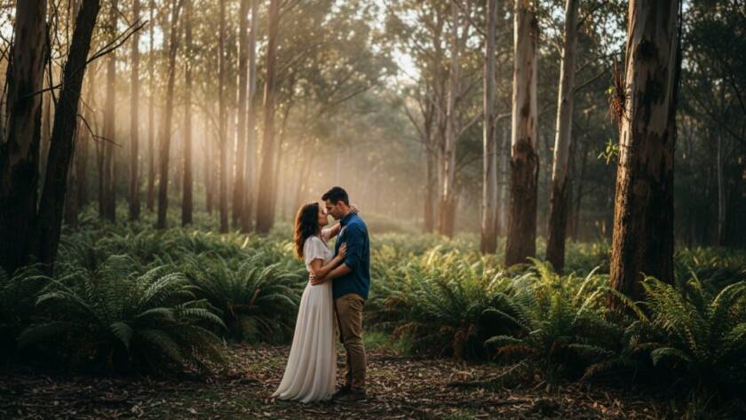 A couple shares a tender kiss amidst the golden hour light in the lush Dandenong Ranges, capturing their romantic Upper Ferntree Gully pre-wedding photoshoot with a cinematic, epic moment feel.