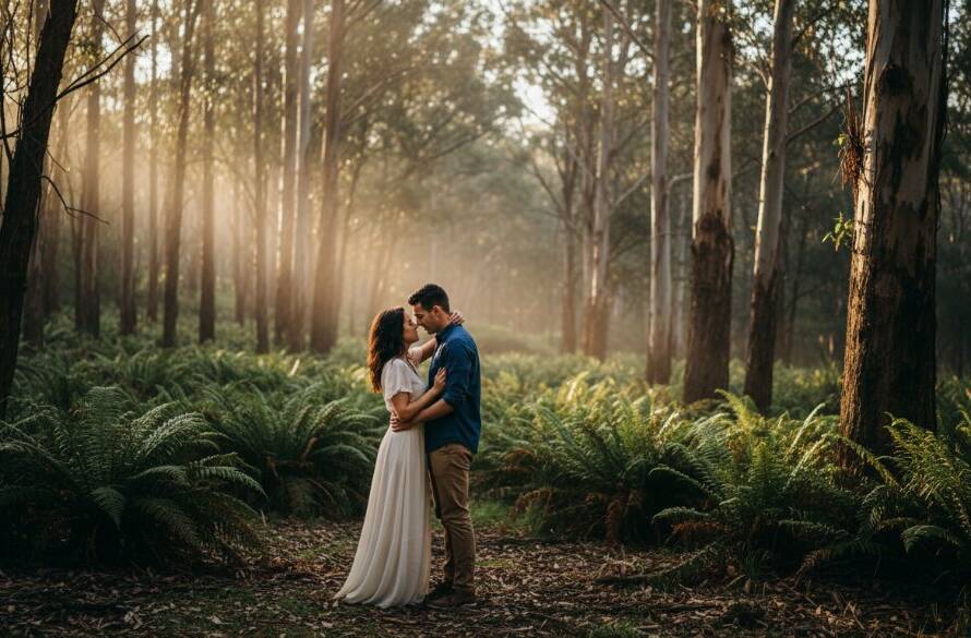 A couple shares a tender kiss amidst the golden hour light in the lush Dandenong Ranges, capturing their romantic Upper Ferntree Gully pre-wedding photoshoot with a cinematic, epic moment feel.