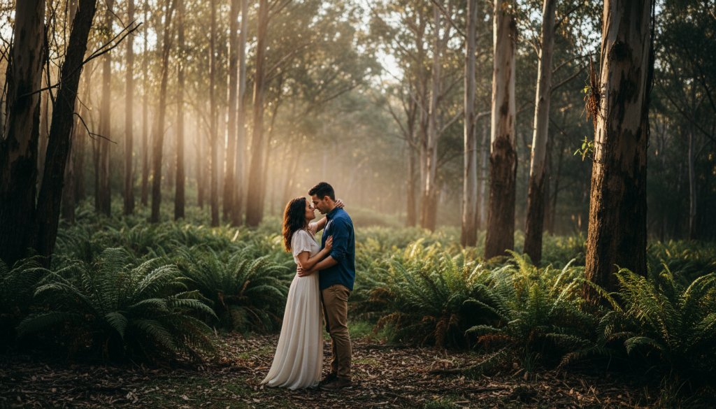 A couple shares a tender kiss amidst the golden hour light in the lush Dandenong Ranges, capturing their romantic Upper Ferntree Gully pre-wedding photoshoot with a cinematic, epic moment feel.