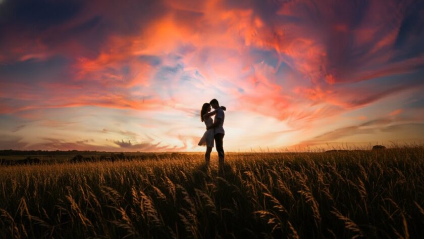 A couple embracing intimately during their 'Romantic Wallan countryside engagement session', silhouetted against a dramatic golden hour sky over rolling hills, capturing an epic, emotion-filled moment of their love story.