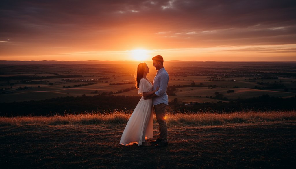 An epic moment captured during a romantic Wallan pre-wedding photography session, featuring a couple embracing passionately at sunset on a sprawling Wallan hilltop, bathed in golden light with the distant Dandenong Ranges visible, professional cinematic photography with dramatic colour grading.