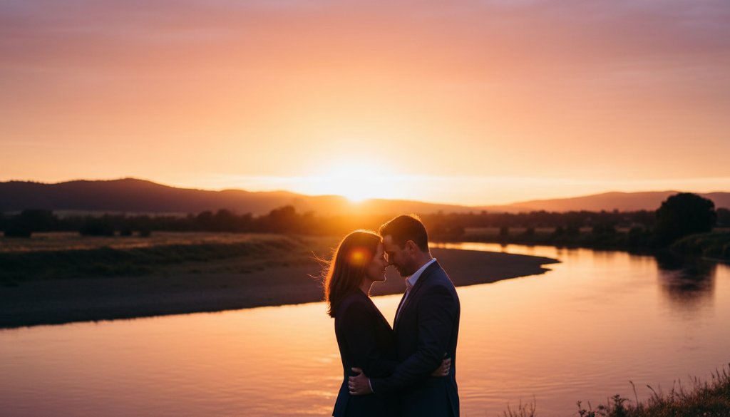 An epic moment from a romantic Wangaratta engagement photoshoot ideas session, featuring a couple embracing passionately at sunset on a scenic vineyard overlooking the Ovens River, dramatic golden hour light, professional photography.