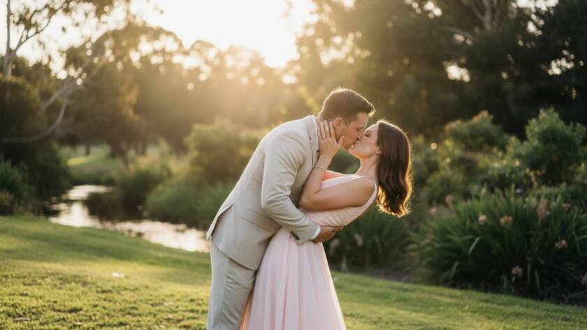 An elegant couple shares a tender kiss at sunset, silhouetted against a golden sky in a picturesque Wantirna park, embodying a romantic Wantirna pre-wedding photography session.