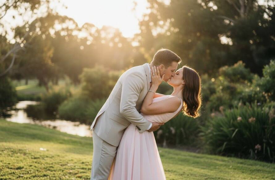 An elegant couple shares a tender kiss at sunset, silhouetted against a golden sky in a picturesque Wantirna park, embodying a romantic Wantirna pre-wedding photography session.