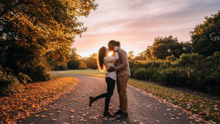 An emotionally resonant, wide-angle "epic moment" photograph capturing a couple embracing at sunset in a lush, green Wantirna park, showcasing their Romantic Wantirna pre-wedding photoshoot with dramatic golden hour lighting and professional colour grading.