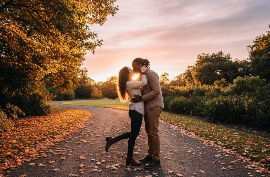 An emotionally resonant, wide-angle "epic moment" photograph capturing a couple embracing at sunset in a lush, green Wantirna park, showcasing their Romantic Wantirna pre-wedding photoshoot with dramatic golden hour lighting and professional colour grading.
