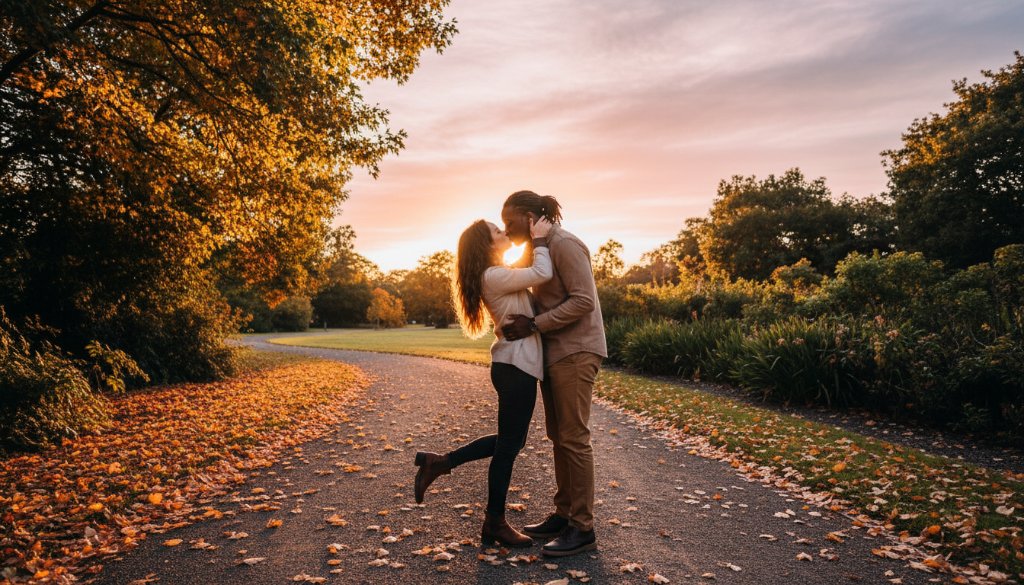 An emotionally resonant, wide-angle "epic moment" photograph capturing a couple embracing at sunset in a lush, green Wantirna park, showcasing their Romantic Wantirna pre-wedding photoshoot with dramatic golden hour lighting and professional colour grading.