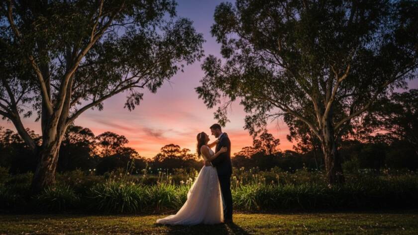 An epic, emotionally charged photograph of a newlywed couple embracing under dramatic twilight skies in a picturesque Wantirna park, expertly captured by romantic Wantirna Victorian wedding photography.