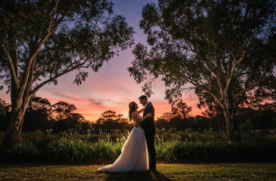 An epic, emotionally charged photograph of a newlywed couple embracing under dramatic twilight skies in a picturesque Wantirna park, expertly captured by romantic Wantirna Victorian wedding photography.