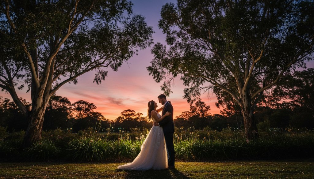 An epic, emotionally charged photograph of a newlywed couple embracing under dramatic twilight skies in a picturesque Wantirna park, expertly captured by romantic Wantirna Victorian wedding photography.